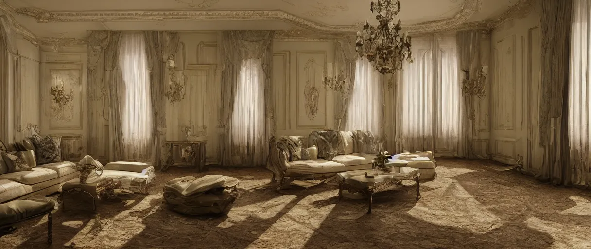 Image similar to decorative empty victorian livingroom flooded with water, octane render, 8k, artstation, concept art, smooth, sharp focus