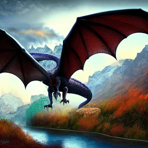 Prompt: realistic dragon breathing fire on a river below, photorealistic, photo, vivid, mountains, fog, digital art