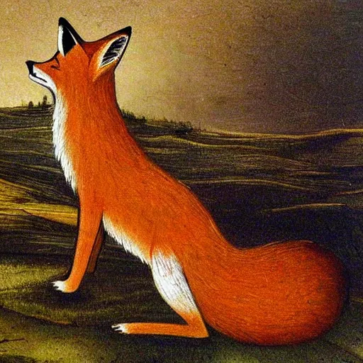 Image similar to one lone fox ontop a wooden fence, painted by da vinci