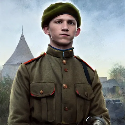 Prompt: fullbody portrait of tom holland wearing russian ww 1 clothes, with coal - colored beanie on head, white thatch houses in village at background, style ivan talavera and artgerm, radiant lighting, hyper realistic, photorealistic, octane render, trending on artstation, cgsociety, cinematic light, global illumination