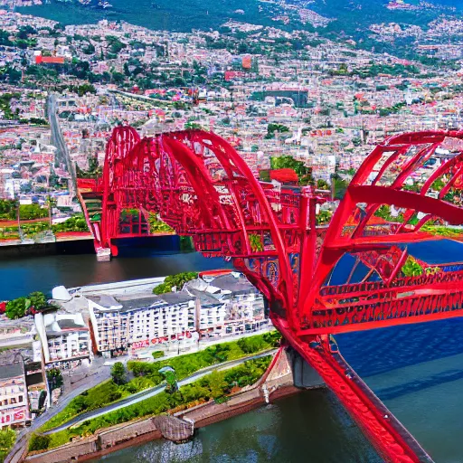 Prompt: a large red bridge connecting two large cities, 8k photo