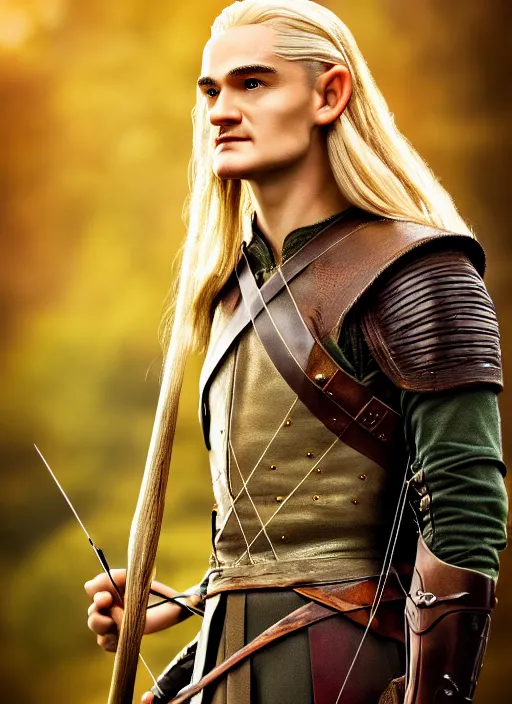 Prompt: photo of legolas in the style of stefan kostic, realistic, detailed, elegant, bokeh, soft focus, golden hour