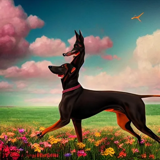 Prompt: girl riding a giant doberman in a field of flowers, trending on artstation