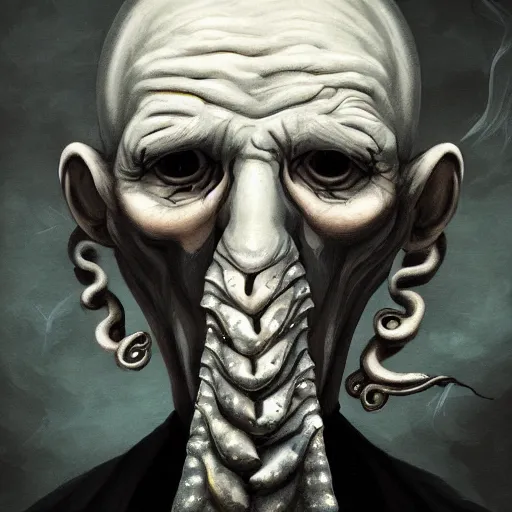 Prompt: eerie portrait of creepy pale old man with fish like facial features and gilles in his neck, painted, fish man, tentacles, trending on art station, love craftian, dark lighting