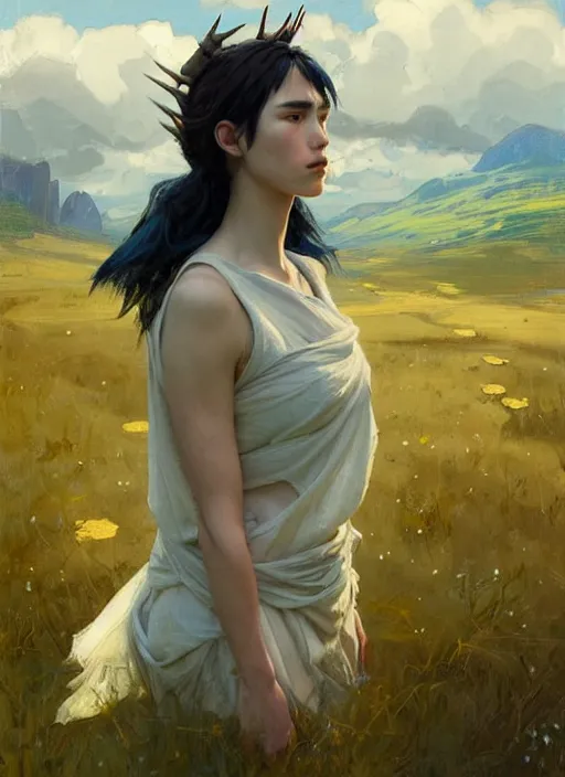 Image similar to portrait of Princess Mononoke, countryside near forest, calm, fantasy character portrait, dynamic pose, above view, sunny day, thunder clouds in the sky, artwork by Jeremy Lipkin and Giuseppe Dangelico Pino and Michael Garmash and Rob Rey, very coherent asymmetrical artwork, sharp edges, perfect face, simple form, 100mm