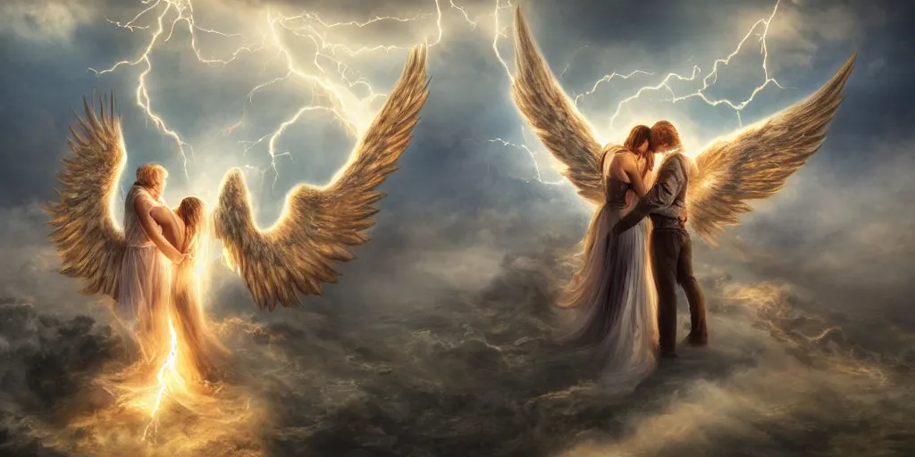 Image similar to young couple falling through clouds, winged angel kissing demon with tail. background clouds, illuminated by lightning and fire. highly detailed. photorealistic