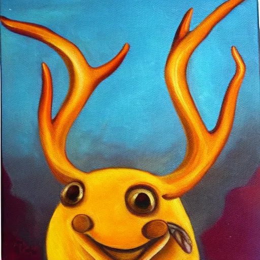 Prompt: oil painting, ancient antler deity, yellow rat pig, holding, laughing, bright room