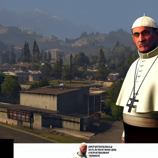 Prompt: the pope as a game character in gta 5, game graphics, game screenshot, in the style of rockstar advanced game engine