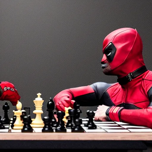 Prompt: daredevil and deadpool sat by a chess table