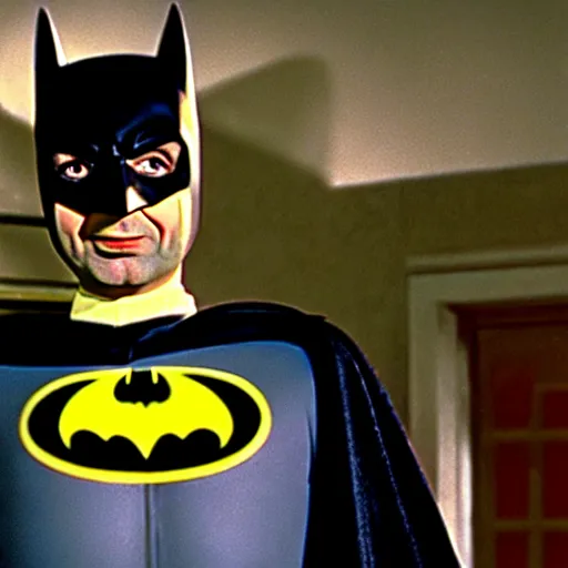 Image similar to mr. bean as batman 1 9 6 6. movie still. cinematic lighting.