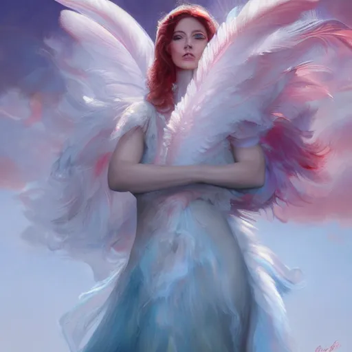 Image similar to a painting of a woman who made of curly white and transparent feathers cloud with red edges is holding a sword, a digital painting by charlie bowater, trending on artstation, metaphysical painting, speedpainting, made of feathers, digital painting, holographic undertones, highly saturated colors, 4 k, digital art, concept art, trending on artstation