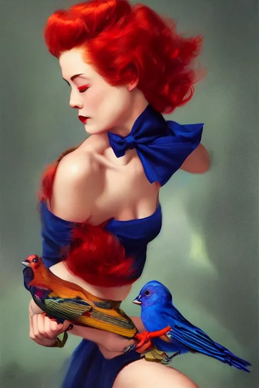 Prompt: hyper realistic painting, tasteful pinup girl, fashionable red hair, holding an indigo bunting, bird, the bird is wearing a bowtie, by greg rutkowski, rossdraws, gil elvgren, enoch bolles, anime, porcelain skin, very coherent