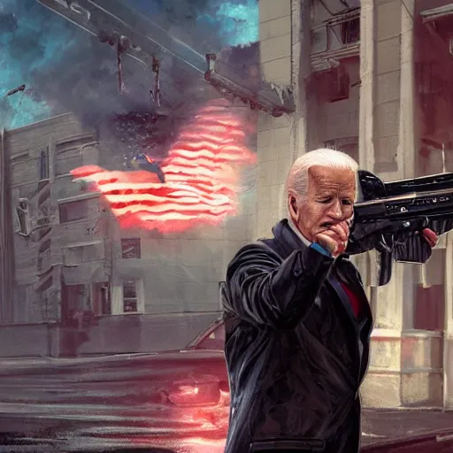 Image similar to joe biden as the terminator shooting Donald Trump with a shotgun, cinematic, establishing shot, extremly high detail, photorealistic, cinematic lighting, artstation, style by James Gurney