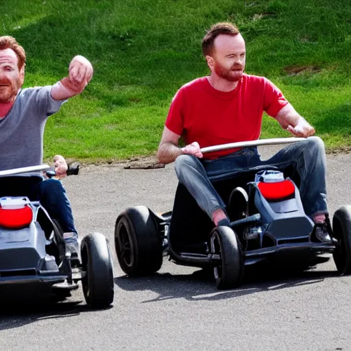 Prompt: Bryan Cranston and Aaron Paul in go karts