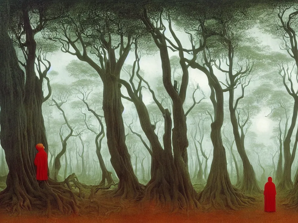 Prompt: albino mystic, with his back turned, looking in the distance at the surreal giant forest of Banyan trees in the fog. Painting by Jan van Eyck, Caspad David Friedrich, Rene Magritte, Agnes Pelton, Max Ernst, Walton Ford