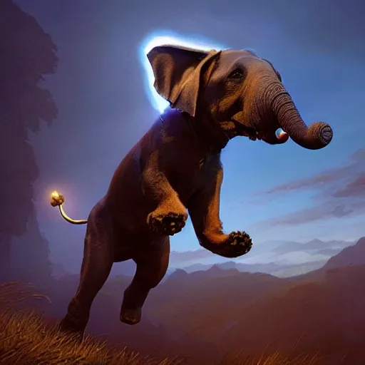 Prompt: dog jumps over hill, dog looks like elephant!!!, intricate, epic lighting, cinematic composition, hyper realistic, 8 k resolution, unreal engine 5, by artgerm, tooth wu, dan mumford, beeple, wlop, rossdraws, james jean, marc simonetti, artstation