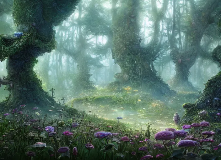 Image similar to desktop background, magical fantasy forest, saytr, path traced, highly detailed, high quality, digital painting, by studio ghibli, lise deharme, alexander jansson, paul lehr, tim white, hans zatzka, george stubbs, louis wain