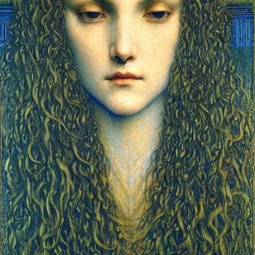 Image similar to detailed realistic face portrait of a beautiful young medieval queen by jean delville, art nouveau, symbolist, visionary, gothic