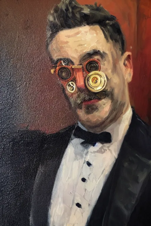 Prompt: palette knife oil painting portrait of graham, a fellow in a three - piece suit and monocle, peering over from his heavy, lacquered oak reception desk, extreme detail, artstation trending, artgerm, any racial background, deviant art, close up, octane, substance, art history 8 k