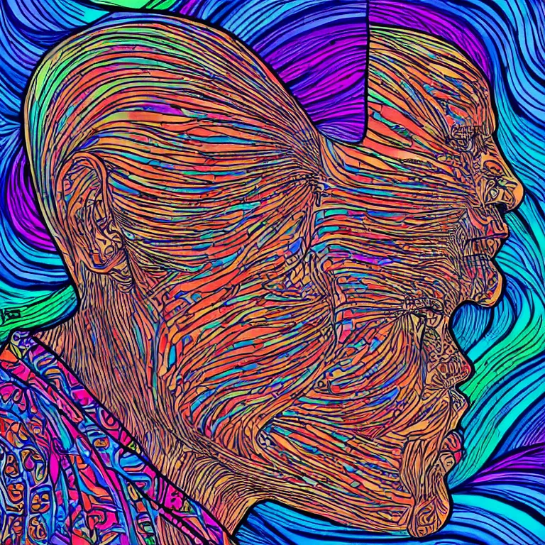 Prompt: rapping into microphone, epic angle, profile view, psychedelic hip hop, illustrated by Alex Grey