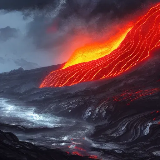 Image similar to cataclysm with a huge storm and rivers of lava, fantasy, concept art, artstation, hd 4 k