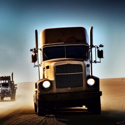 Image similar to ups feeder tractor trailer truck in mad max : fury road, midday light, 2 8 mm lens, dust storm,