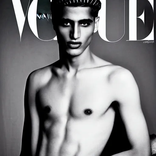 Prompt: a beautiful professional black and white photograph by hamir sardar, herb ritts and ellen von unwerh for the cover of vogue magazine of an unusually handsome moroccan male fashion model looking at the camera in a flirtatious way, leica 5 0 mm f 1. 8 lens