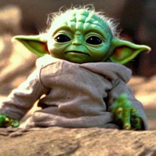Image similar to a film still of baby yoda as a adult dying in battle in star wars realistic, detailed