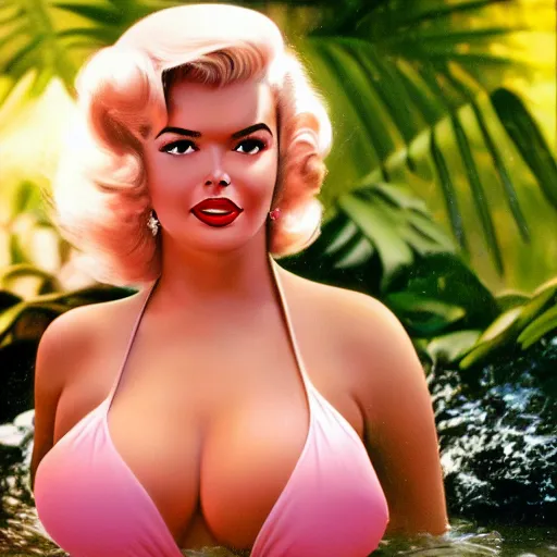 Prompt: a very beautiful award winning kodachrome of jayne mansfield under a tropical waterfall, full body, pale pink bikini, pink lipstick, detailed face, cinematic lightning, golden hour, medium shot, dslr, cryengine, raytracing, 4 k, cinematic wallpaper by gil elvgren, robert maguire, rudolf belarski