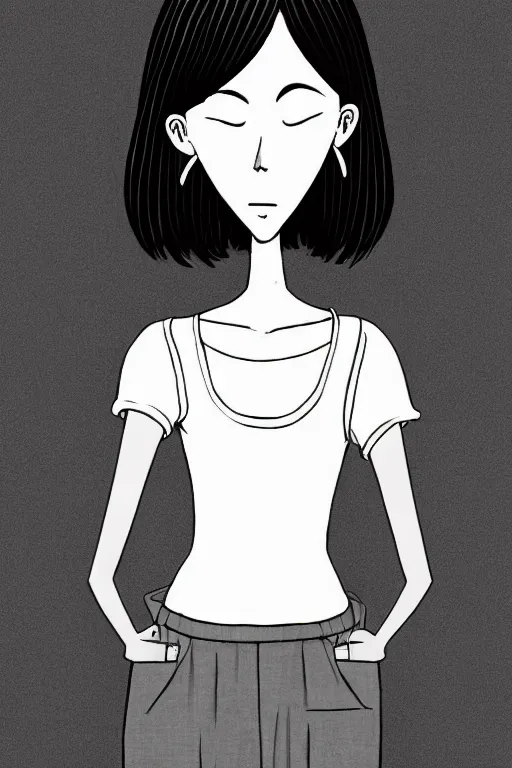 Image similar to portrait of a girl in long pants and a top, hands in pockets, eyes closed, red color heart shaped tattoo on the right hand, bob haircut, digital art, black and white, minimalistic illustration by junji ito and kaoru mori