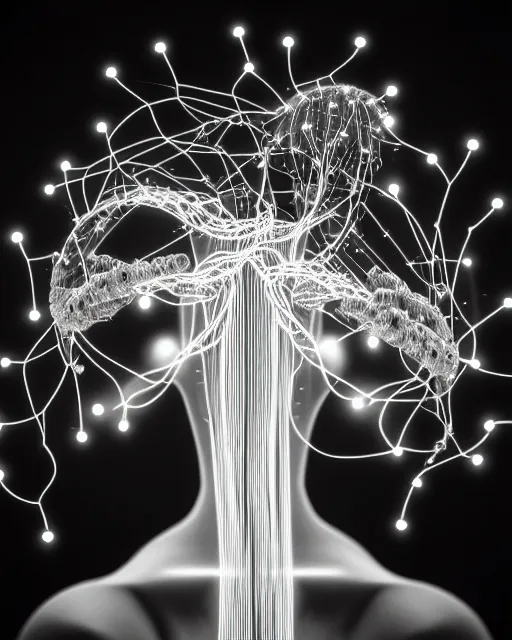 Prompt: black and white connected cyborg - plant goddess high quality photo, microchip, artificial intelligence, bio - mechanical bio - luminescence, black wired cables, neurons, nerve cells, cinematic, rim light, photo - realistic, elegant, high detail, 8 k, masterpiece, high fashion