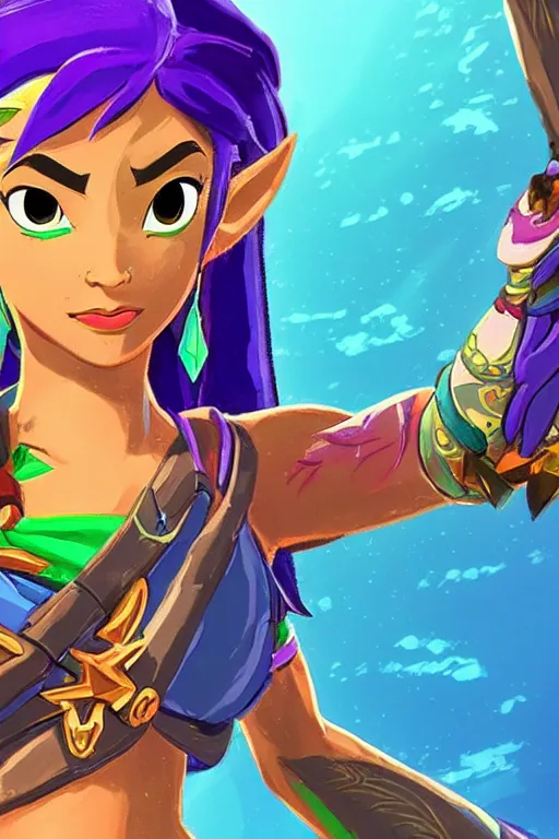 Image similar to an in game portrait of shantae from the legend of zelda breath of the wild, breath of the wild art style.