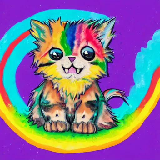 Image similar to wide angle full body, of a fluffy cute rainbow kitten wearing a black leather motorcycle jacket, concept art