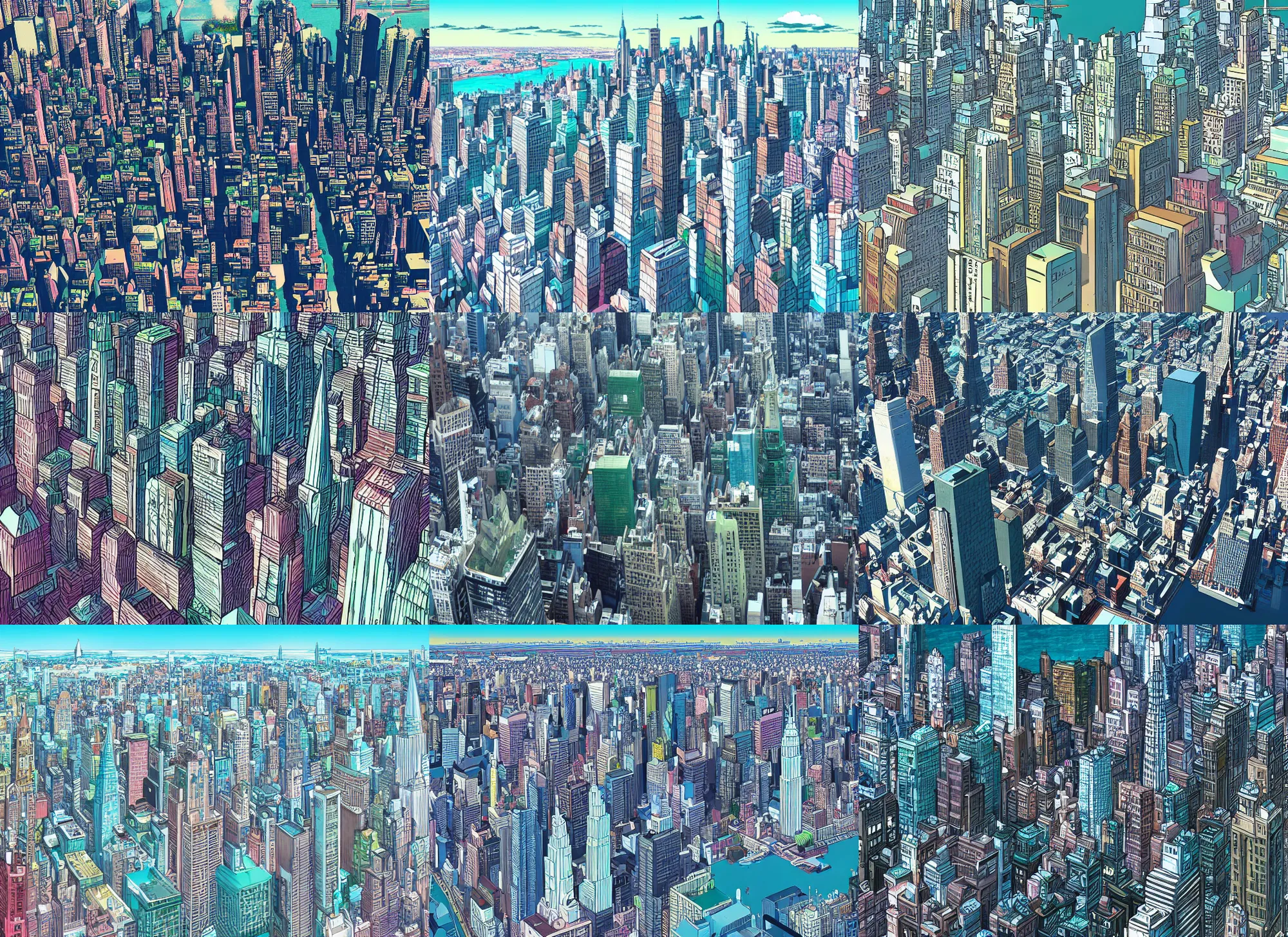 Prompt: overhead view of new york city skyline in the year 2 1 0 0, anime background by studio ghibli