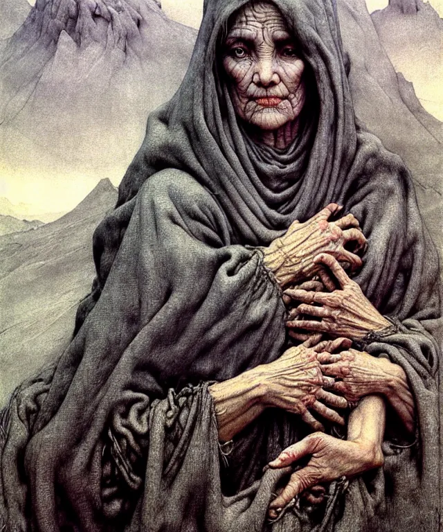 Image similar to A detailed gray-eyed woman with the head of a fish stands among the mountains with a pebble in hands. Wearing a ripped mantle, robe. Extremely high details, realistic, fantasy art, solo, masterpiece, art by Zdzisław Beksiński, Arthur Rackham, Dariusz Zawadzki