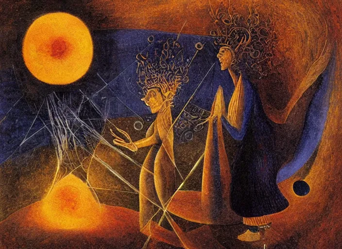 Image similar to an ancient full moon, cosmic universe, aquarius, by remedios varo, reflection, symbolist, warm colors, dramatic lighting, smooth, sharp focus, extremely detailed, aesthetically pleasing composition