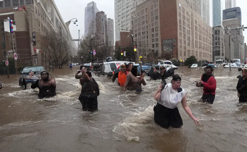 Prompt: the city of philadelphia flooded by 1 0 feet of water and under attack by demons from the pits of hell