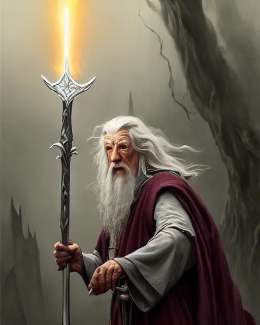 Prompt: Gandalf the grey casting a magic gigantic fork spell to summon army of electric forks, crimson led, glowing, D&D, fantasy, intricate, elegant, highly detailed, digital painting, artstation, concept art, matte, sharp focus, illustration, hearthstone, art by Artgerm and Greg Rutkowski and Alphonse Mucha