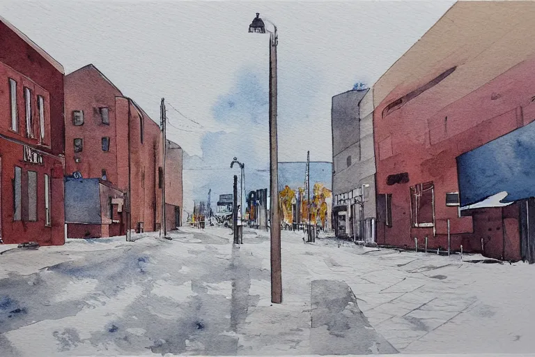 Prompt: a water color painting of a desolate lulea street by lars lerin