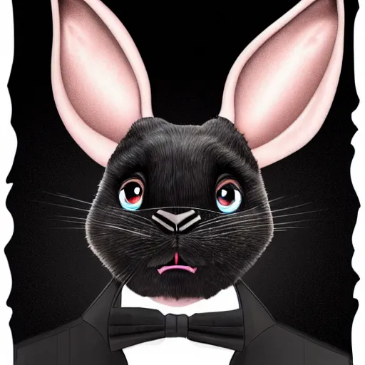 Image similar to A extremely highly detailed majestic hi-res beautiful, highly detailed head and shoulders portrait of a scary terrifying, horrifying, creepy black cartoon rabbit with a bowtie and scary big eyes, earing a shirt laughing, hey buddy, let's be friends, in the style of Walt Disney