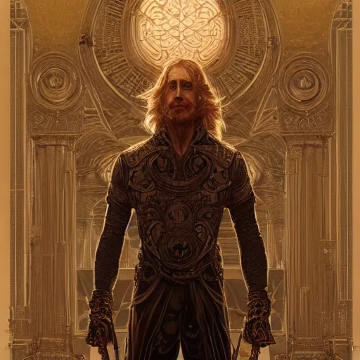 Prompt: heavily detailed man with a robustly adequate fit body and golden locks of hair digital art trending on artstation 4 k imagery cgsociety contest winner intricate detailed front view! symmetrical illustrated by gaston bussiere greg rutkowski