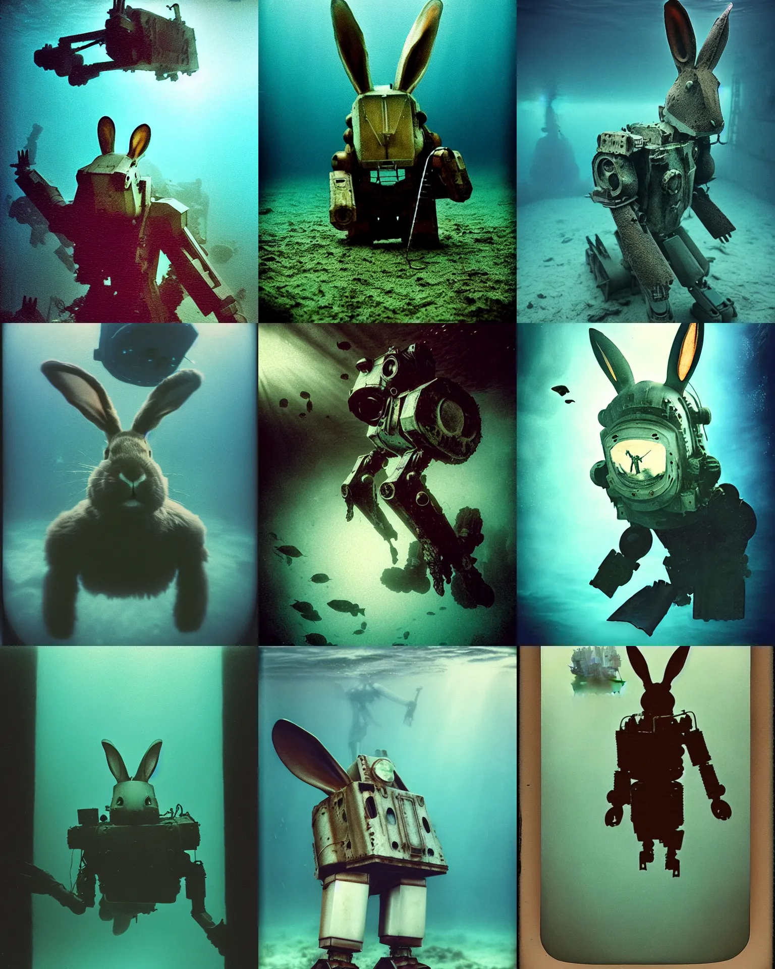 Prompt: scary deep underwater giant oversized battle rabbit robot mech rusty moss with oversized ears as giant underwater mech rabbit on titanic wreck underwater. Cinematic focus, sharp Polaroid photo, vintage, neutral colors, soft lights, by Serov Valentin, by lisa yuskavage, by Andrei Tarkovsky