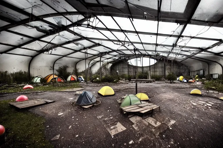 Image similar to post apocalyptic over grown leisure centre being used as shelter, night!!!!, barrel fires and tents, low light