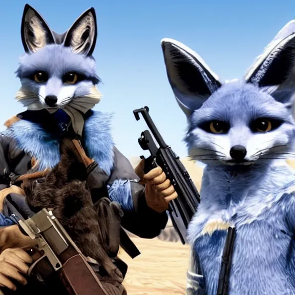 Prompt: a blue fennec fox furry in a fursuit in red dead redemption 1 killing himself with his revolver