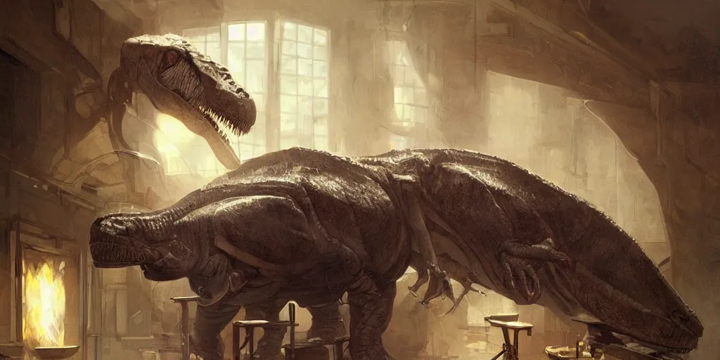 Image similar to huge t - rex lounging in a chair in front of an oven, highly detailed, digital painting, concept art, matte, sharp focus, illustration by artgerm, art by greg rutkowski, art by alphonse mucha