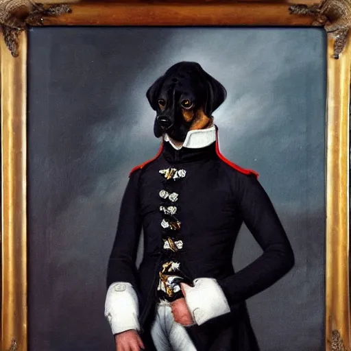 Image similar to oil painting of a black beagle, dressed like napoleonic officer