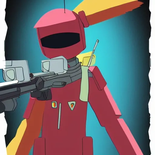 Prompt: canti the robot from flcl anime, he is holding a valorant style sniper rifle in the map haven holding a heaven.