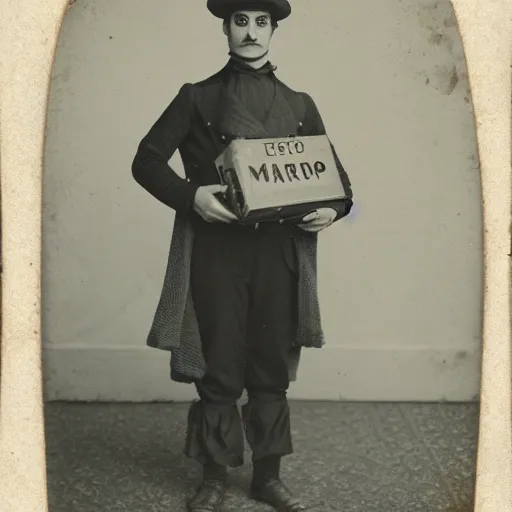 Image similar to a daguerrotype photo of super mario brothers cosplayer, very early film stock, 1 8 0 0 s, vintage