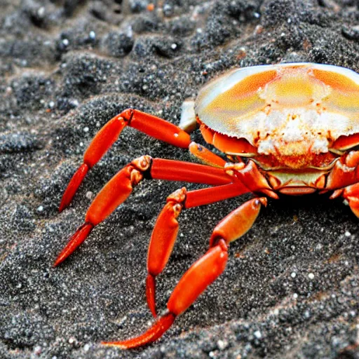 Image similar to a realistic image of a crab with hair, ultra high detail, the crab is on sand on a beach with ocean in the background, 8 k.