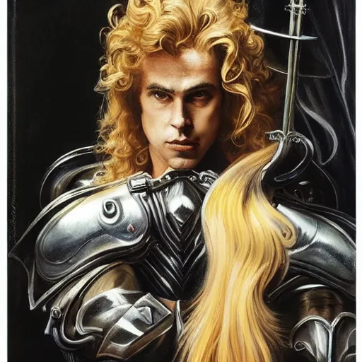 Prompt: oil painting of a pale menacing dio brando with long curly blond hair and piercing eyes, powerful sci fi centurion in tall jagged black plate armor, cinematic chiaroscuro creeping darkness, by J.C leyendecker and norman rockwell